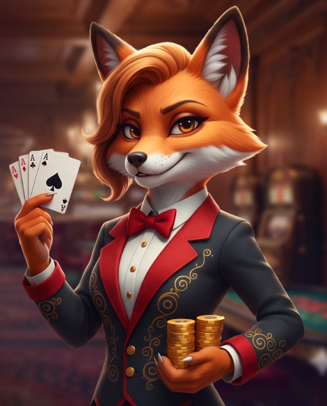 Personaje zorro de Kitsune junto a una sala de casino en tonos cálidos