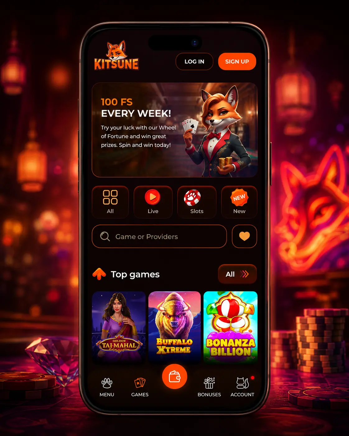 Interfaz de Kitsune Casino adaptada a un smartphone